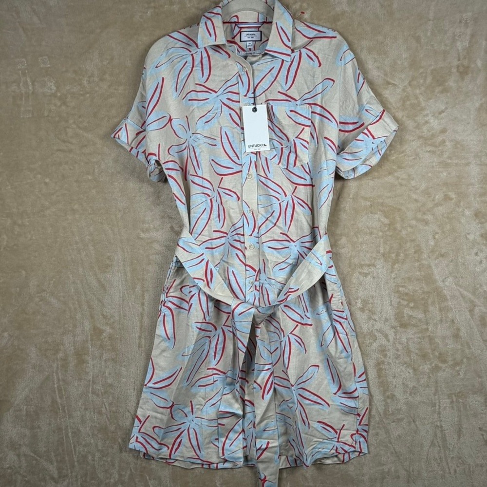 UNTUCKit Betty Linen Blend Shirt Dress XS Tan Blue Red Tropical Leaf Mini 42374